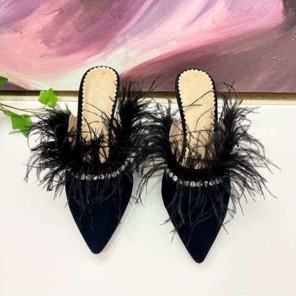 Antonio Melani x Nicola Bathie Liz Ostrich Feathers Rhinestone Suede Dress Mules - Picture 6 of 14